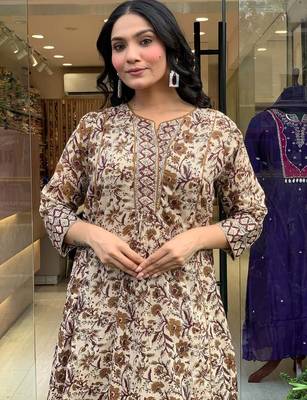 Cotton Printed Work Flared Kurta Pant and Dupatta Set 2