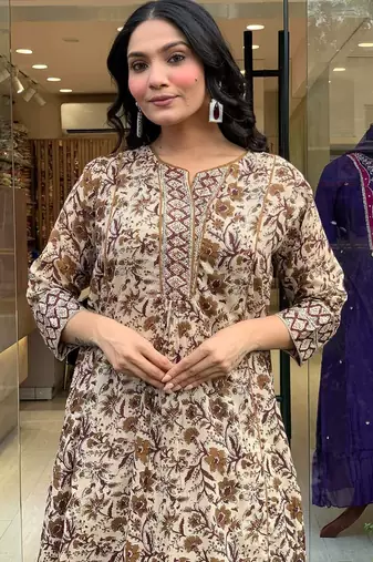 Cotton Printed Work Flared Kurta Pant and Dupatta Set