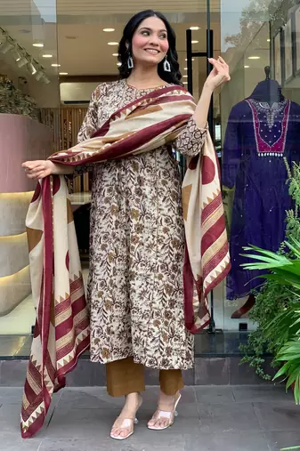 Cotton Printed Work Flared Kurta Pant and Dupatta Set