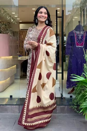 Cotton Printed Work Flared Kurta Pant and Dupatta Set