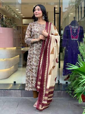 Cotton Printed Work Flared Kurta Pant and Dupatta Set 5