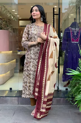 Cotton Printed Work Flared Kurta Pant and Dupatta Set