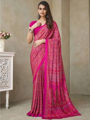 Pink ethnic motifs printed silk blend saree 1