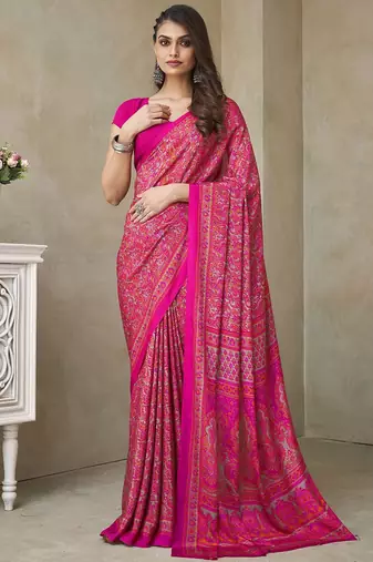 Pink ethnic motifs printed silk blend saree