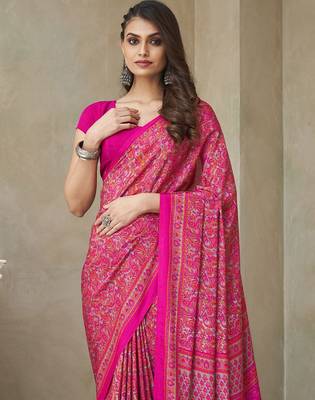 Pink ethnic motifs printed silk blend saree 2