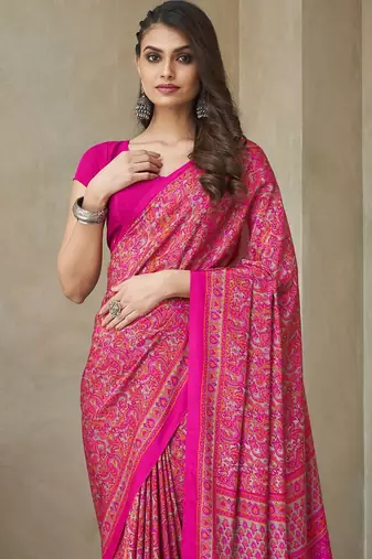 Pink ethnic motifs printed silk blend saree