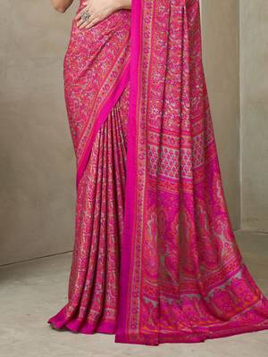 Pink ethnic motifs printed silk blend saree 3