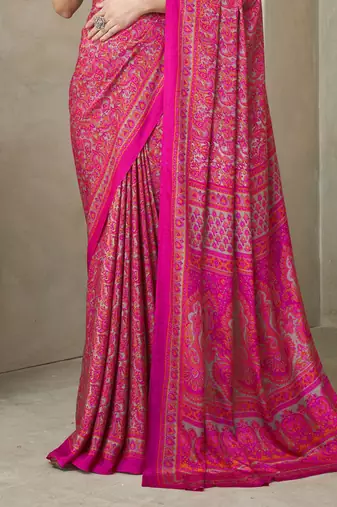 Pink ethnic motifs printed silk blend saree