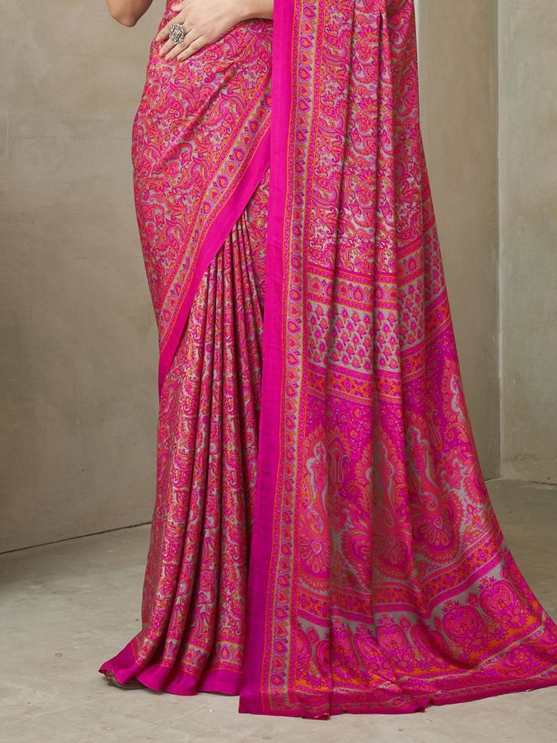 Pink ethnic motifs printed silk blend saree