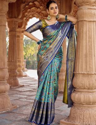 Blue woven design zari  kanjeevaram saree 5
