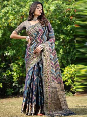 Blue printed jacquard zari organza leheriya saree 1