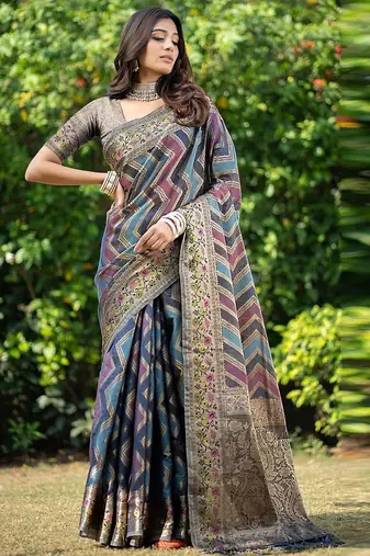 Blue printed jacquard zari organza leheriya saree