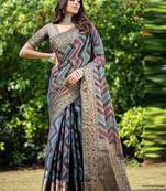 Blue printed jacquard zari organza leheriya saree