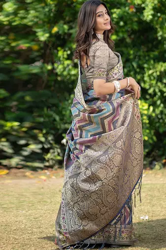 Blue printed jacquard zari organza leheriya saree