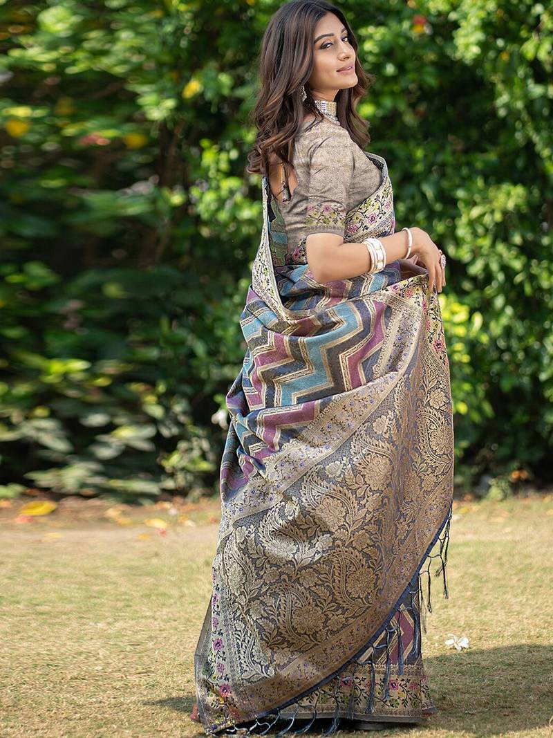 Blue printed jacquard zari organza leheriya saree
