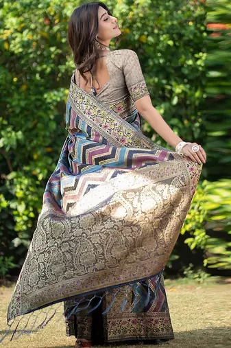 Blue printed jacquard zari organza leheriya saree