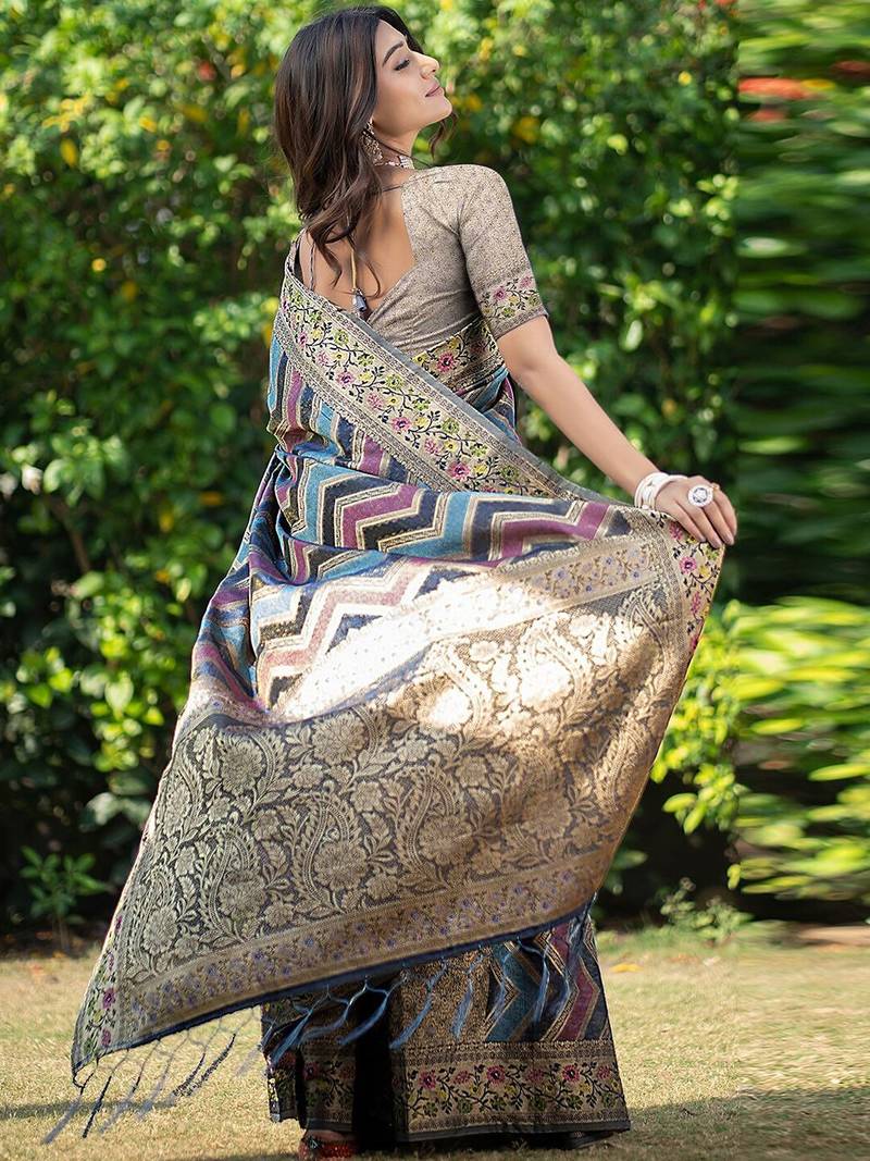 Blue printed jacquard zari organza leheriya saree