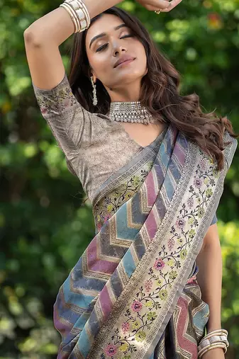 Blue printed jacquard zari organza leheriya saree