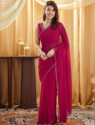 Pink embellished beads and stones  georgette saree 1