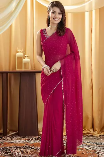 Pink embellished beads and stones  georgette saree