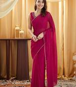 Pink embellished beads and stones  georgette saree