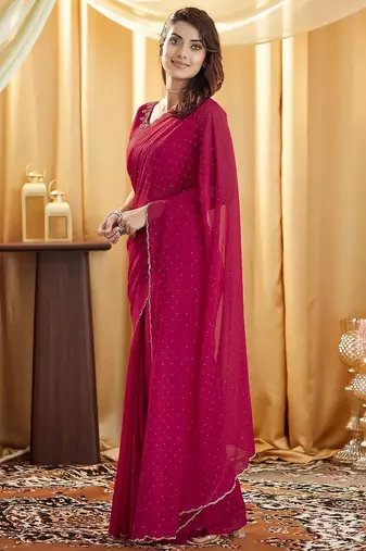 Pink embellished beads and stones  georgette saree