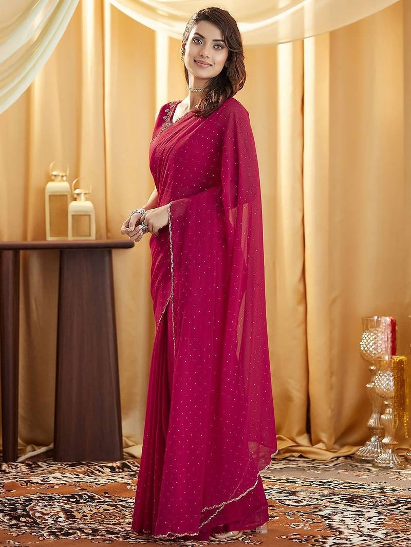 Pink embellished beads and stones  georgette saree