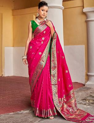 Pink ethnic motif woven design zari banarasi saree 1