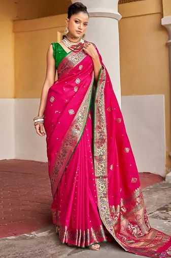 Pink ethnic motif woven design zari banarasi saree