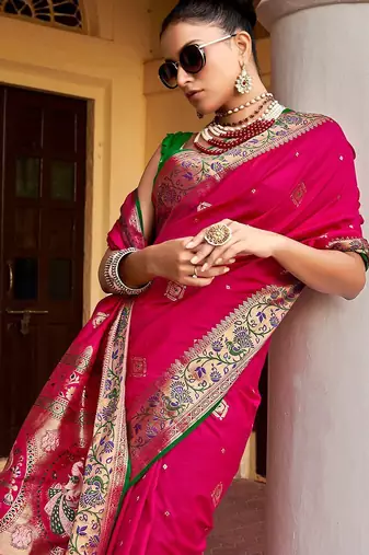 Pink ethnic motif woven design zari banarasi saree