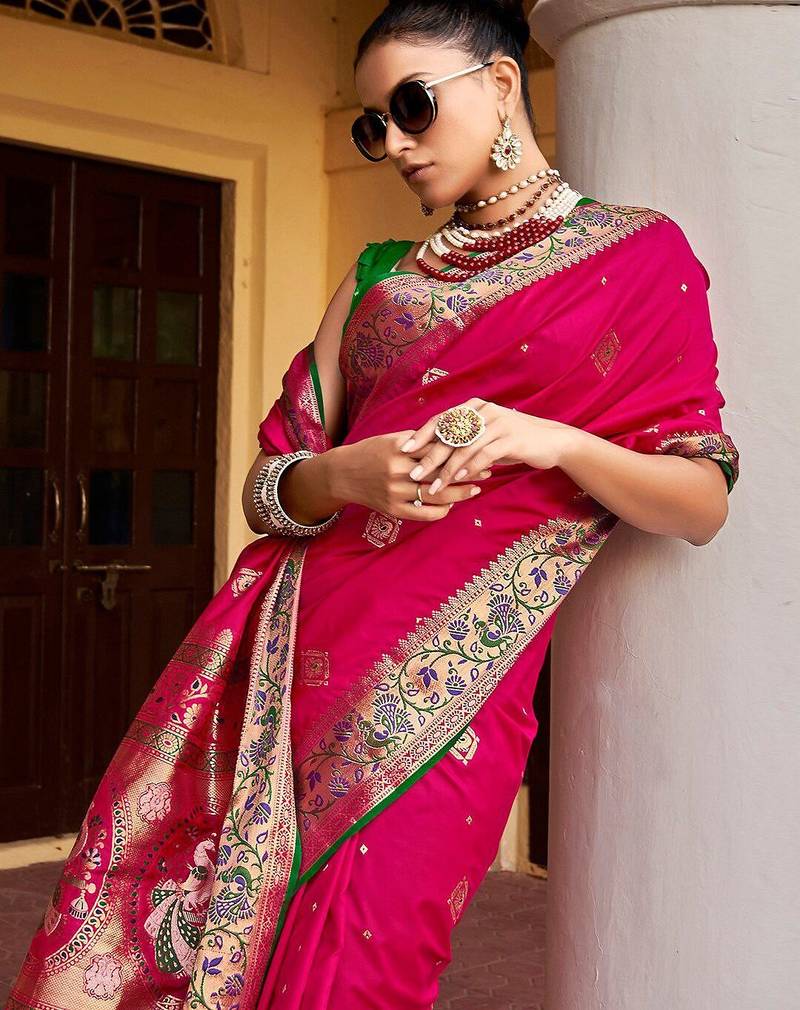 Pink ethnic motif woven design zari banarasi saree
