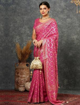 Pink ethnic motifs zari bandhani saree 1