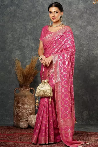 Pink ethnic motifs zari bandhani saree