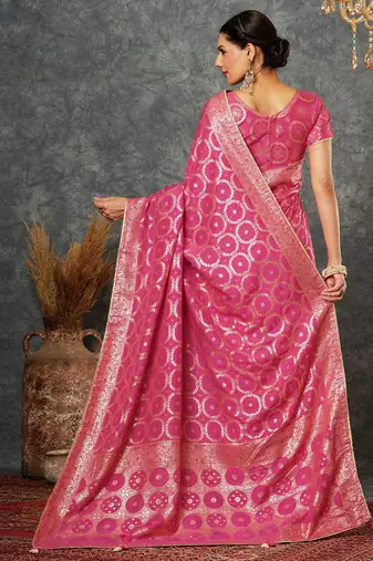 Pink ethnic motifs zari bandhani saree