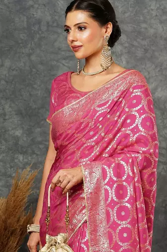 Pink ethnic motifs zari bandhani saree