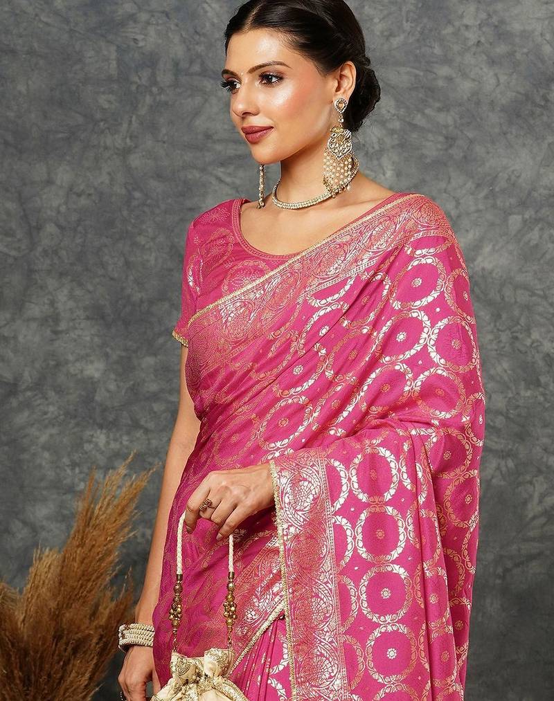 Pink ethnic motifs zari bandhani saree