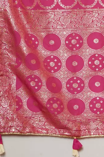 Pink ethnic motifs zari bandhani saree