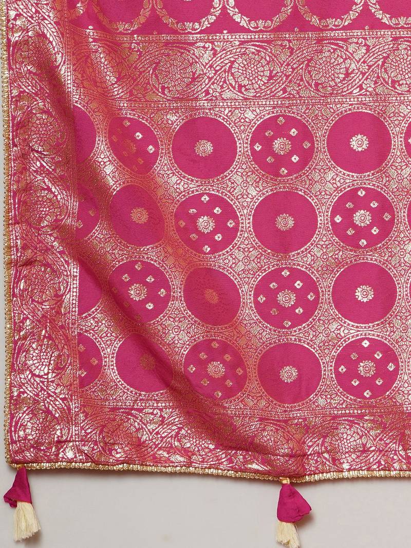 Pink ethnic motifs zari bandhani saree