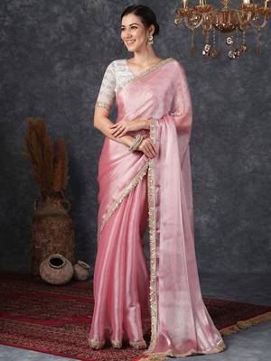 Pink embellished beads and stones  chiffon saree 1