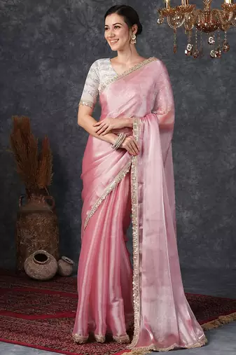 Pink embellished beads and stones  chiffon saree