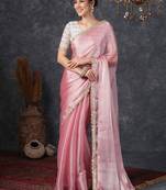 Pink embellished beads and stones  chiffon saree