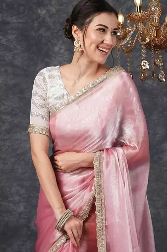 Pink embellished beads and stones  chiffon saree