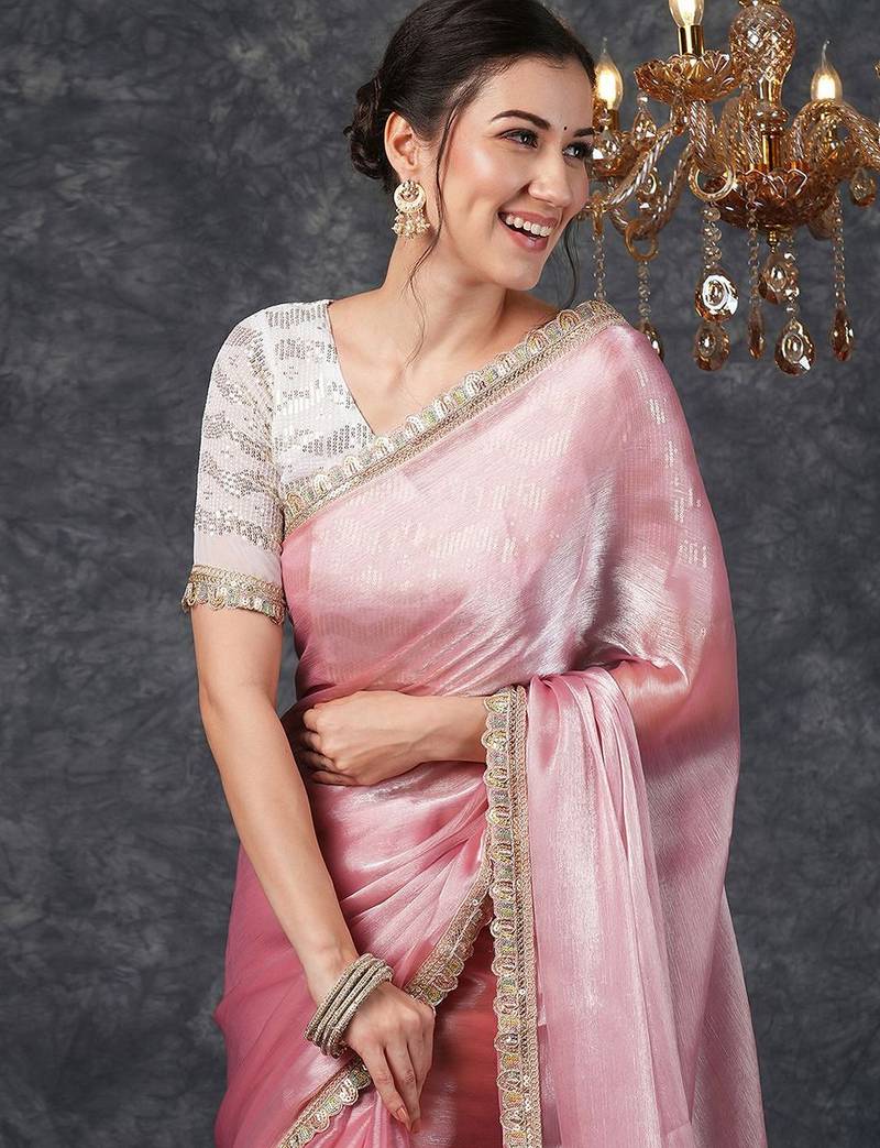 Pink embellished beads and stones  chiffon saree