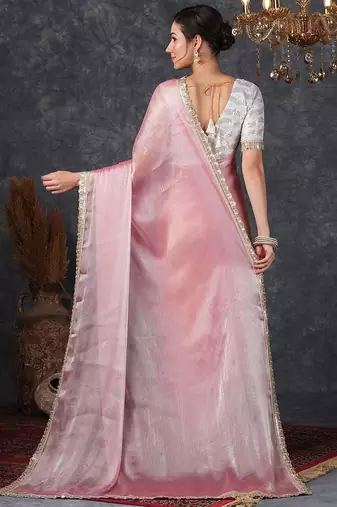 Pink embellished beads and stones  chiffon saree