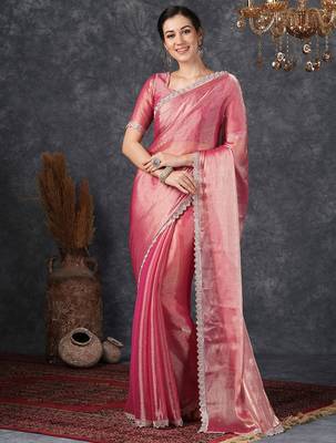 Pink ethnic motifs beads and stones  chiffon saree 1