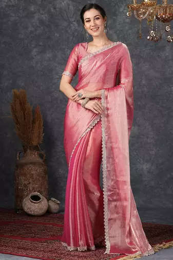 Pink ethnic motifs beads and stones  chiffon saree