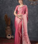 Pink ethnic motifs beads and stones  chiffon saree