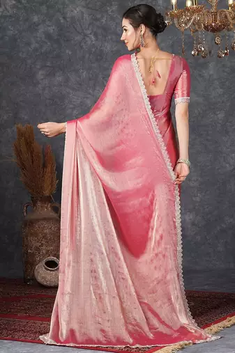 Pink ethnic motifs beads and stones  chiffon saree