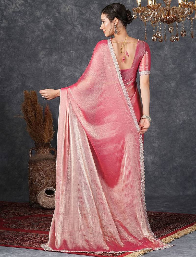 Pink ethnic motifs beads and stones  chiffon saree