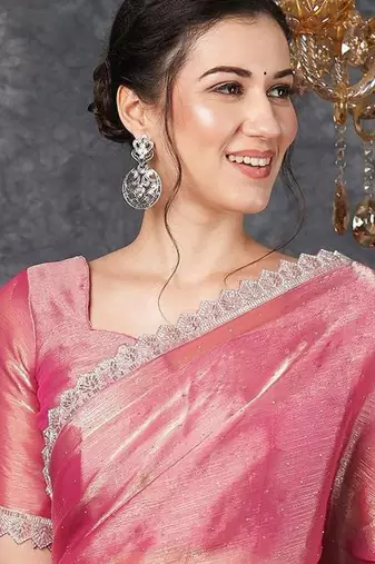 Pink ethnic motifs beads and stones  chiffon saree